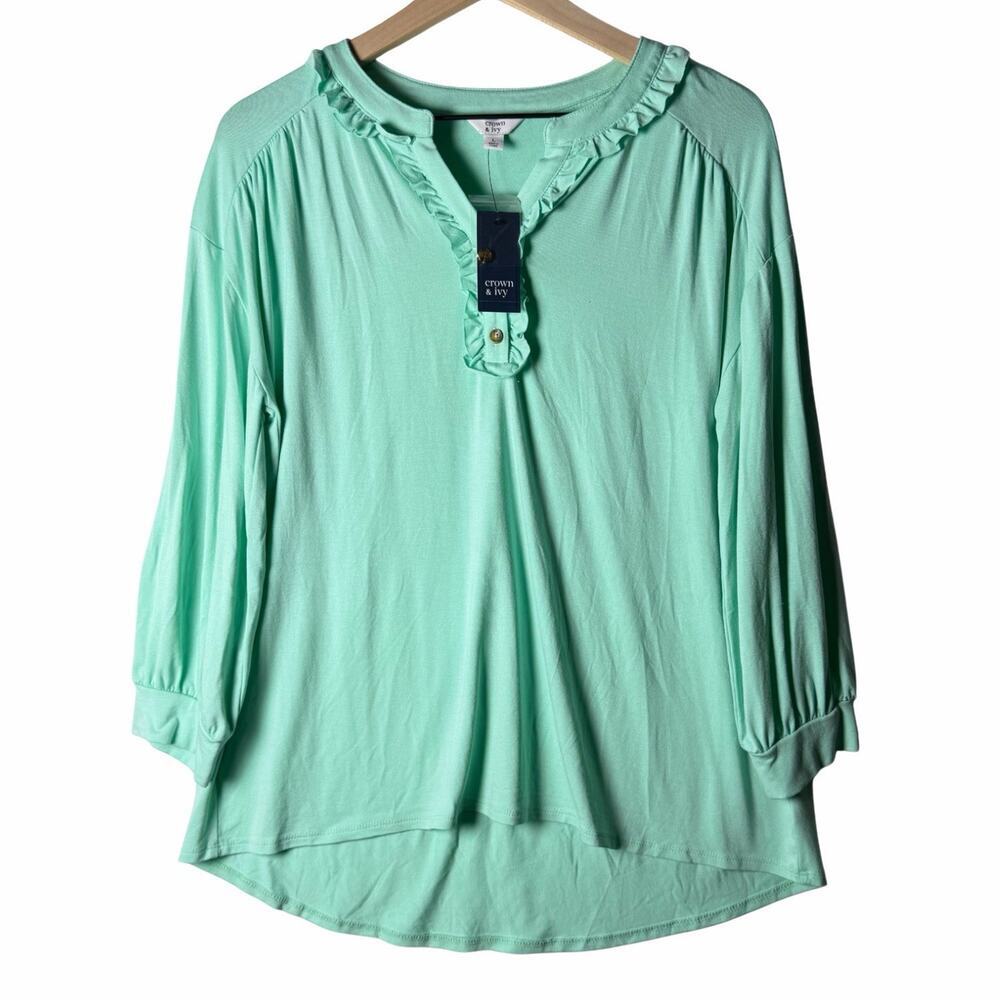 Crown & Ivy 3/4 Sleeve Ruffle Neck Tencel Blouse Mayan Jade Women’s Size L NWT